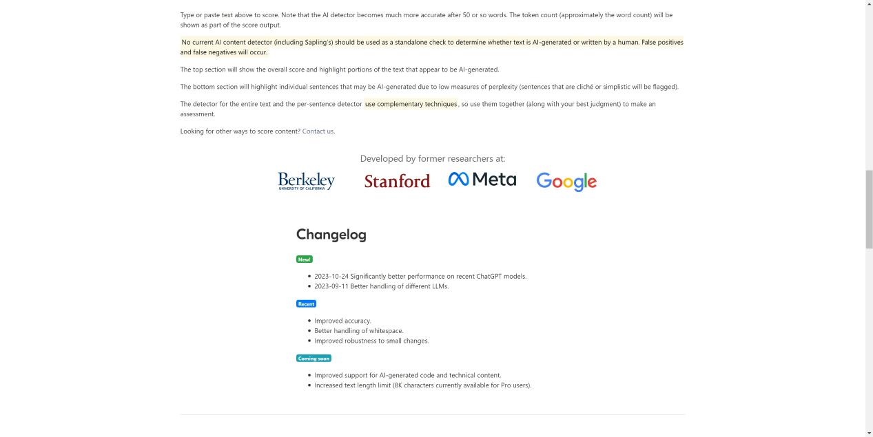Sapling Al Content Detector 界面截图