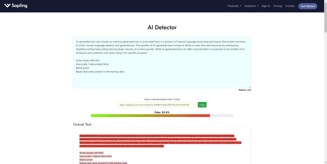 Sapling Al Content Detector 界面截图