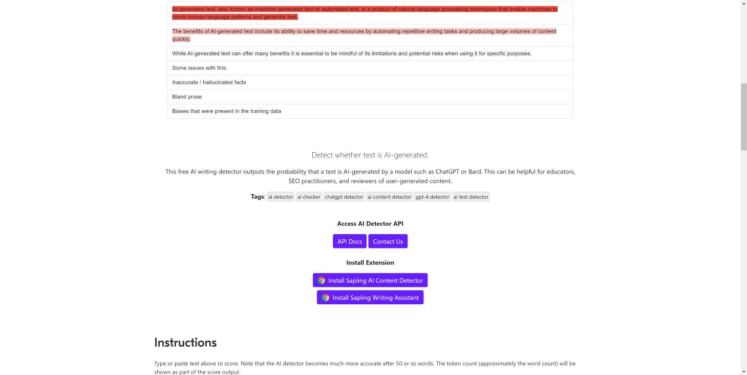Sapling Al Content Detector 界面截图